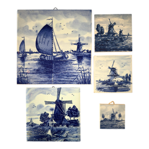 Vintage Dutch Royal Goedewaagen Hand-Painted Delt Tiles - Blue and White Windmill and Sailing Scenes - Set of 5