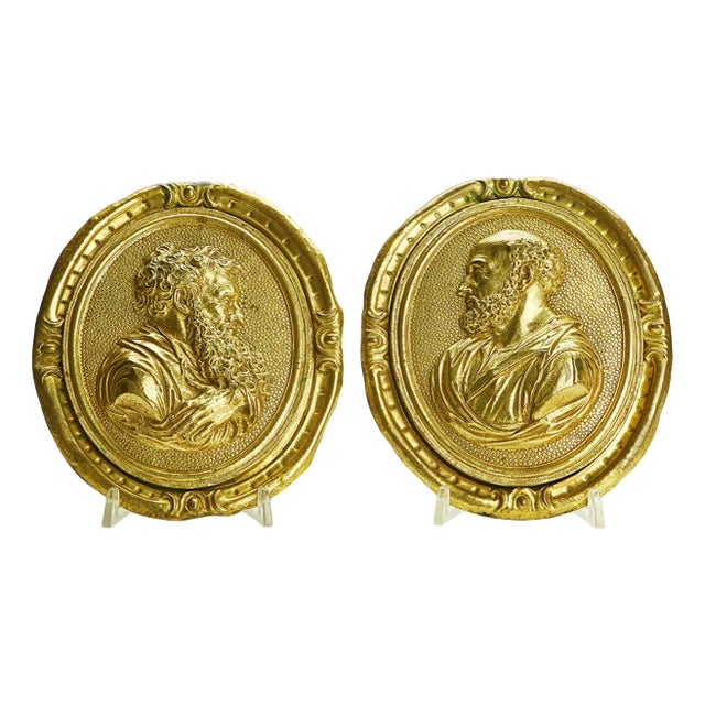 Gilded Bronze Plaques with Profiles of Saints, 1800s, Set of 2 For Sale
