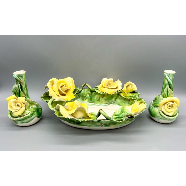 Italian Vintage Ceramic Yellow Rose Tray and Bud Vases - Set of 3 For Sale - Image 3 of 12
