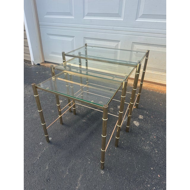 Maison Baguès Style Brass Faux Bamboo Glass Nesting Tables – Hollywood Regency Mid-Century Set of 3 For Sale - Image 9 of 12