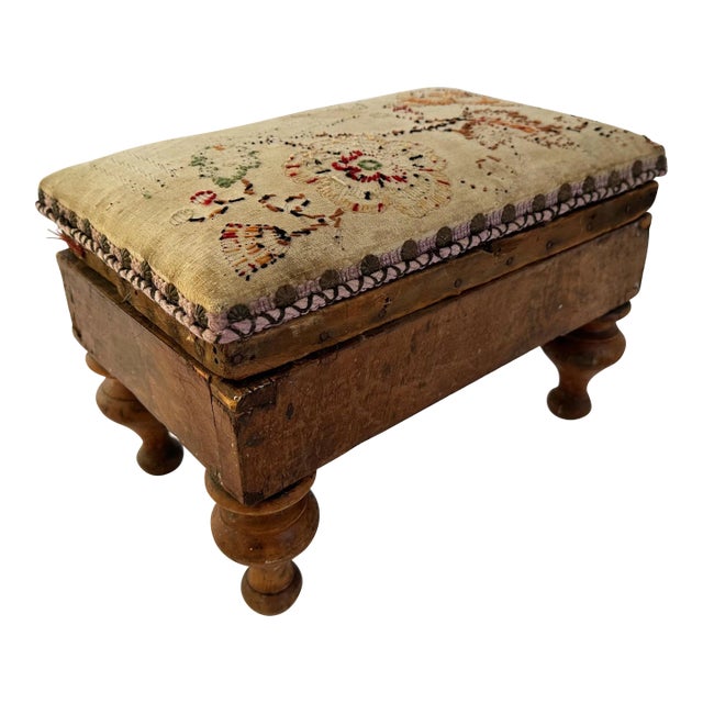 1890s Antique Primitive Needlepoint and Turned Wood Feet Footstool For Sale