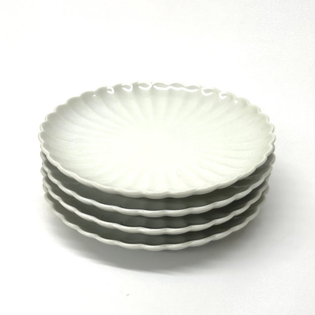 Contemporary Vintage White Porcelain Scalloped Edge Chrysanthemum Side Plates - Set of 4 For Sale - Image 3 of 6