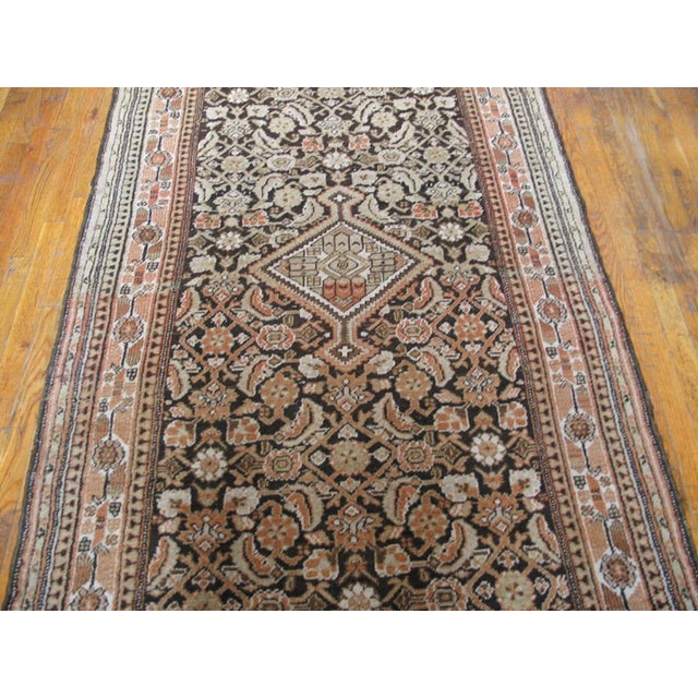 Tribal 1930s Brown Tribal Geometric Antique Malayer Rug Hand Knotted 4'3" X 16'0" Wool Carpet For Sale - Image 3 of 8