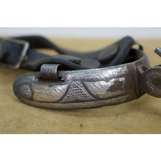Antique Southwestern Mexican Spanish Cowboy Iron Copper Inlay Horse Spurs For Sale - Image 12 of 16