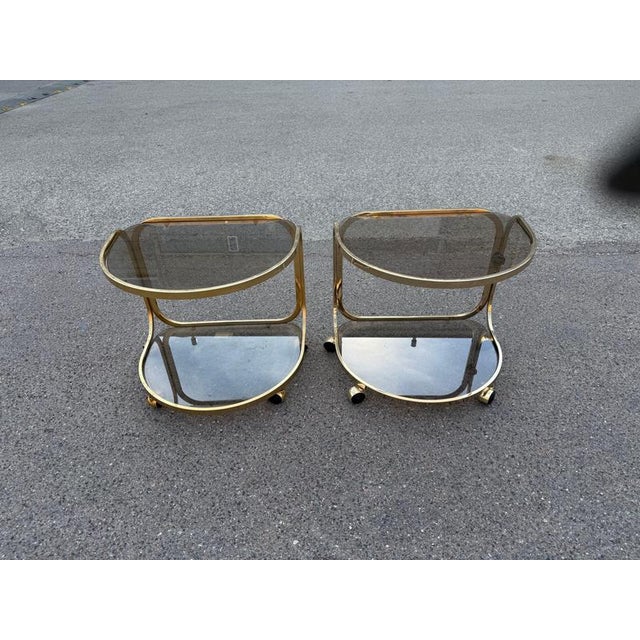 German Brass Rollable Nightstands with Toned Glass Shelves, 1970s, Set of 2 For Sale - Image 6 of 9