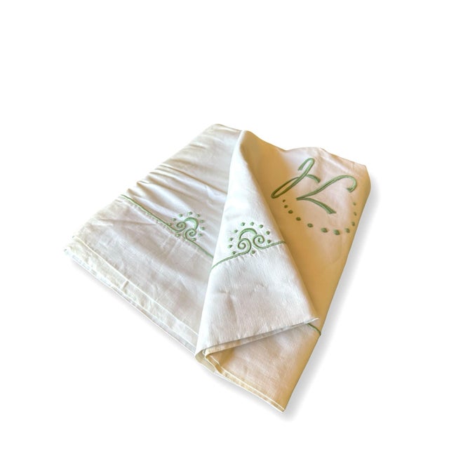 Antique French Linen Sheet, Jl Monogram With Sage Green Embroidery, Circa 1920 For Sale In Philadelphia - Image 6 of 11