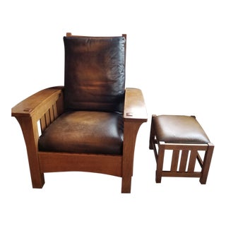 Stickley Bow Arm Morris Chair & Footstool - a Pair For Sale
