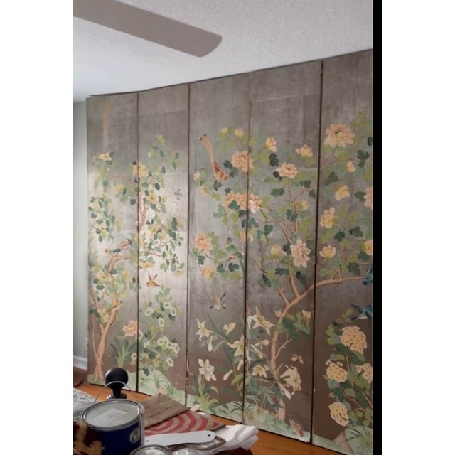 Gorgeous six-panel hand painted wallpaper from Gracie or in Gracie Style Vintage condition with vibrant colors and...
