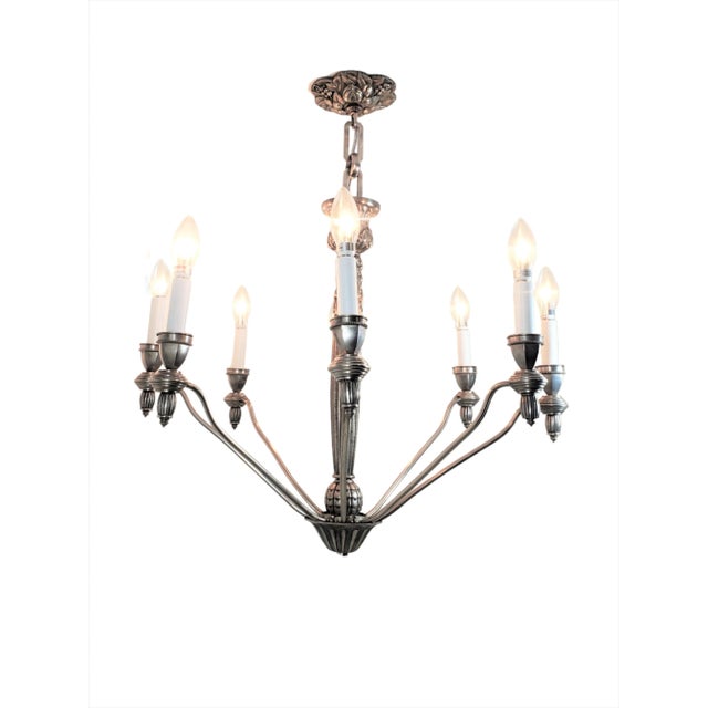 Mid 20th Century French Eight Arm Cast Detailed Nickeled Bronze Chandelier, G.Capon For Sale In New York - Image 6 of 12