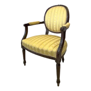 Early 20th Century French Salon Chair With Carved Wood Frame and Satin Upholstery
