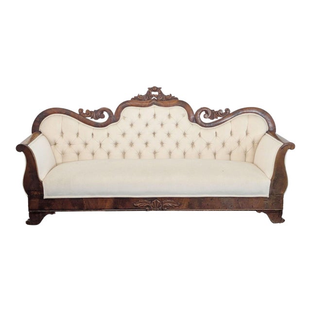 Antique 3-Seat Sofa With Carved Wood Frame and Cream Upholstery For Sale