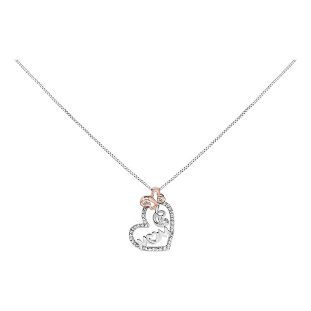 Two Tone .925 Sterling Silver 1/5 cttw Diamond "Mom" and Heart Pendant Necklace (H-I, I1-I2) For Sale