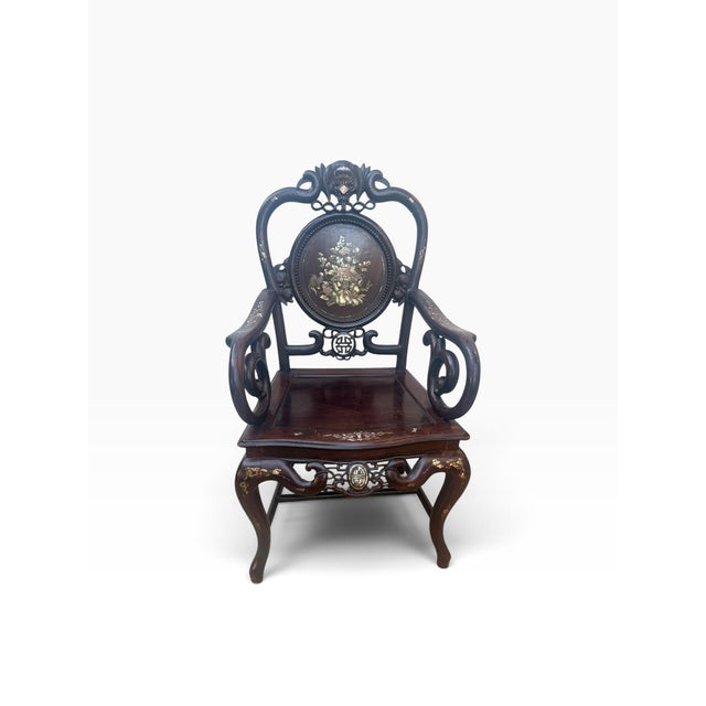 Chinese Vintage Chinese Hardwood Armchair With Mother-of-Pearl Inlay and Carved Longevity Motifs For Sale - Image 3 of 15