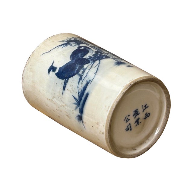 Chinese Distressed White Porcelain Blue Birds Graphic Holder Vase For Sale - Image 4 of 7