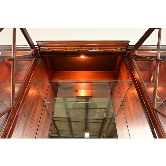Baker Furniture Style Regency Flame Mahogany Lighted Breakfront Bookcase Cabinet With Drop Front Secretary Desk, Circa 1940s For Sale - Image 9 of 16