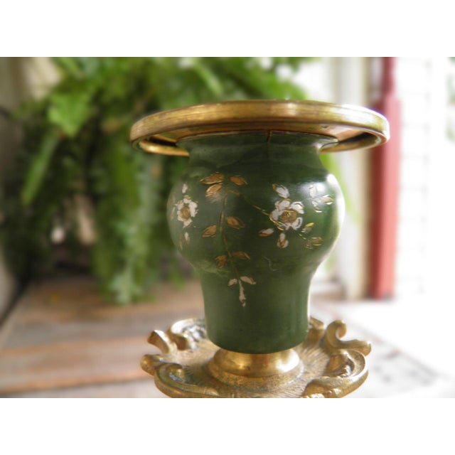 Late 19th Century Antique Ornate Brass & Etched Enamel Baroque Rococo Revival Candle Holders For Sale - Image 5 of 8