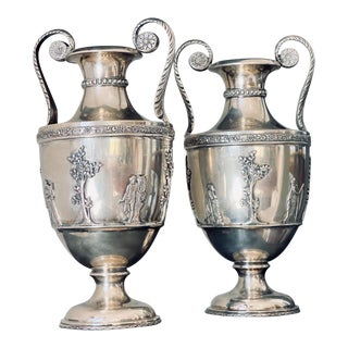 Pair of Neoclassical Style Italian Sterling Silver Amphora Vases, 1910 Italy For Sale