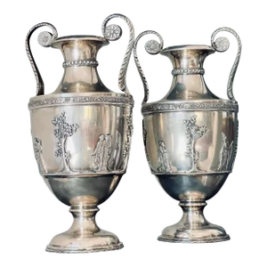 Pair of Neoclassical Style Italian Sterling Silver Amphora Vases, 1910 Italy