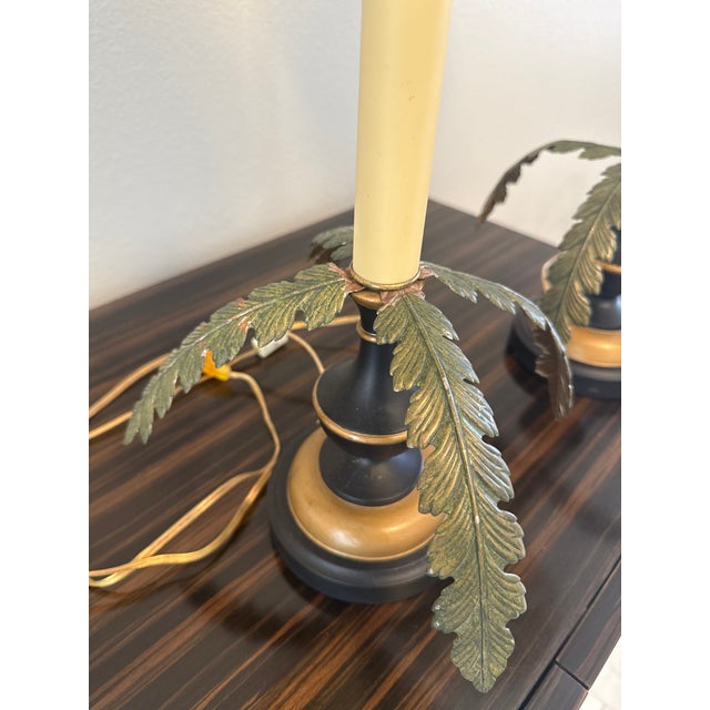 Metal Vintage 1984 Sarreid Ltd. Palm Frond Table Lamps – Pair – Hollywood Regency / Palm Beach Style For Sale - Image 7 of 8
