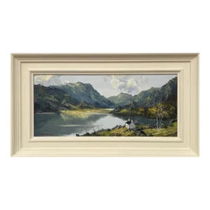Impasto Oil Painting of River Mountain Scene in Wales by British Artist, Mid-20th Century, Framed in a Modern Magnolia Wooden Moulding
