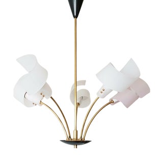 Vintage Brass and Plastic 5-Arm Chandelier, 1950s For Sale