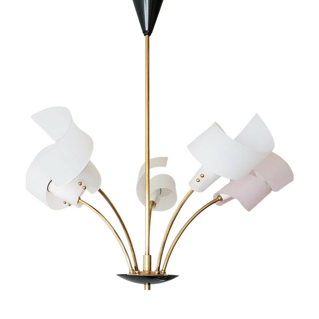Vintage Brass and Plastic 5-Arm Chandelier, 1950s For Sale