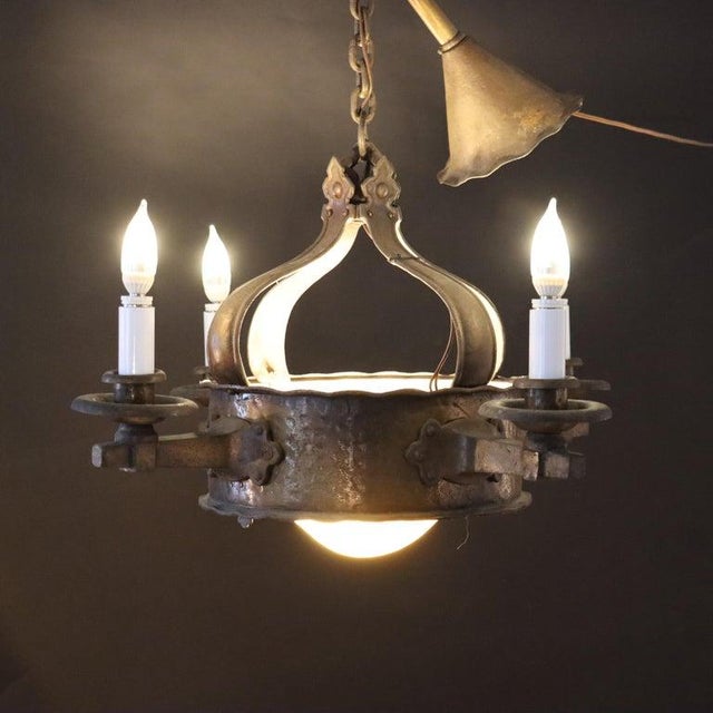 Antique Arts & Crafts Hammered Metal 4 Light Chandelier C1920 For Sale - Image 6 of 9