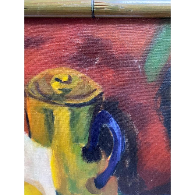 1960s Mid Century Colorful Fauvist Abstract Still Life Oil Painting by Strassel in Bamboo Frame For Sale - Image 4 of 10