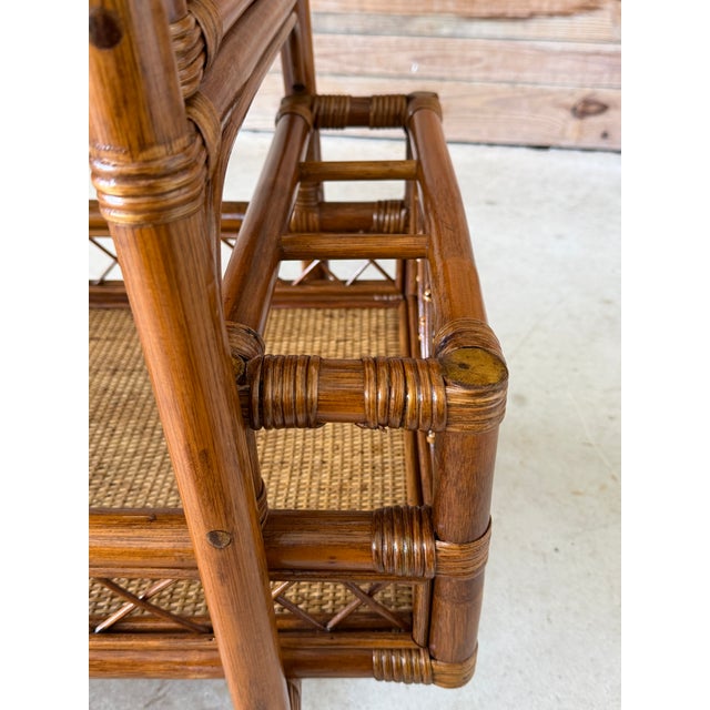 Vintage Refinished Coastal Rattan Two-Tier Bar Cart With Bottle Holders on Casters For Sale - Image 10 of 12