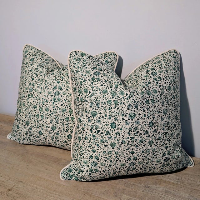 Soane Britain Jasmine & Frangipani 22" Emerald Pillows With Cream Velvet Cord - Set of 2 For Sale In Greensboro - Image 6 of 8