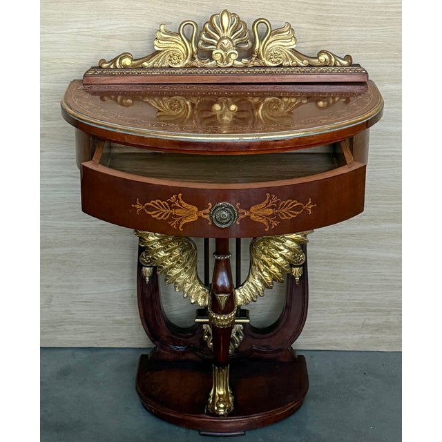 20th Century Pair of Demilune Swan Nightstands With Marquetry Top and Crest For Sale - Image 4 of 13