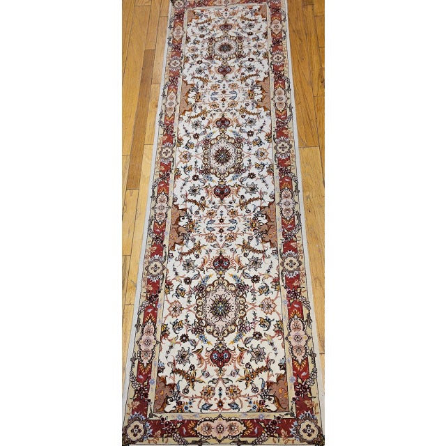 Cream Vintage Tabriz Runner, Fine Hand-Knotted Wool & Silk, Floral Design, Ivory & Red, 3x11 For Sale - Image 8 of 16