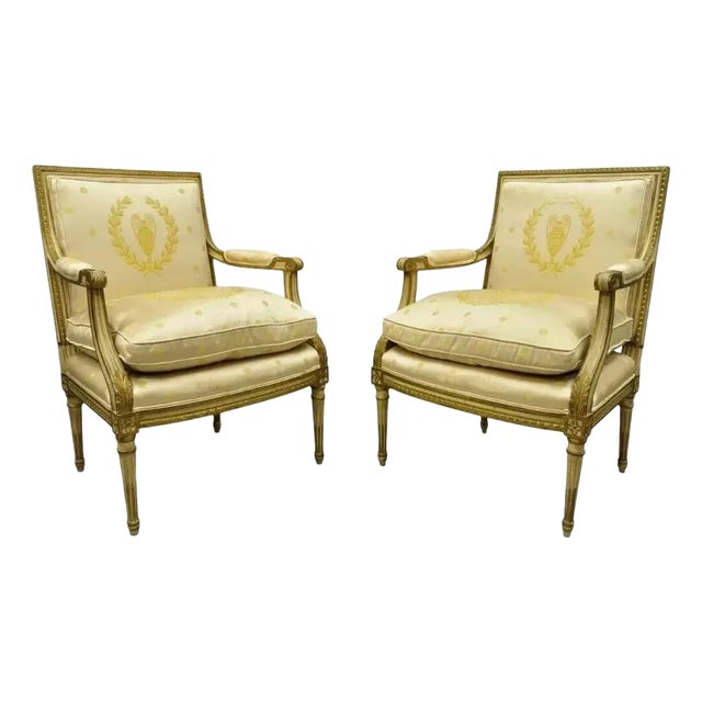 Early 20th Century French Louis XVI Neoclassical Gold Silk Fauteuil Parcel Gilt Armchairs - A Pair For Sale