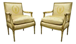 Early 20th Century French Louis XVI Neoclassical Gold Silk Fauteuil Parcel Gilt Armchairs - A Pair