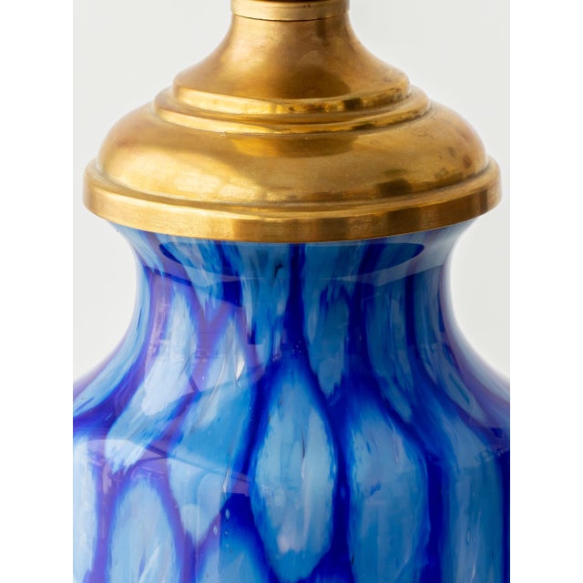 Blue Art Deco Bohemian Blue Art Glass Table Lamp with Cast Brass Base.Czechoslovakia, 1920s For Sale - Image 8 of 18