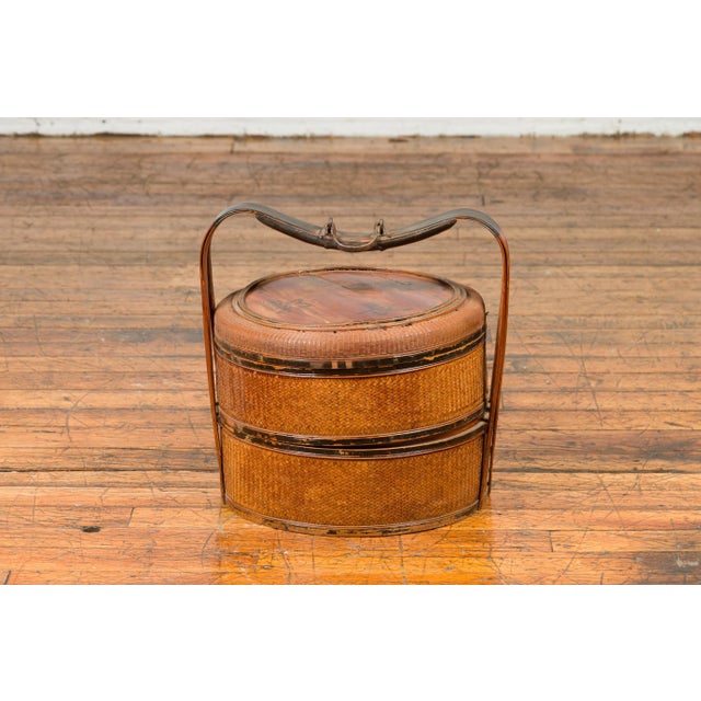 Antique Chinese Rattan Tiered Lunch Box with Carved Handle and Calligraphy For Sale - Image 4 of 12