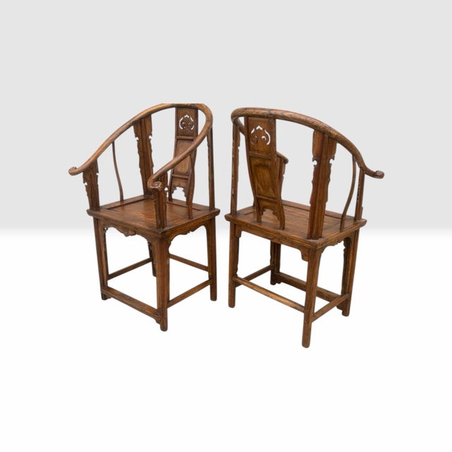 Pair Fine Antique Carved Chinese Horseshoe Lounge Chairs For Sale - Image 10 of 12