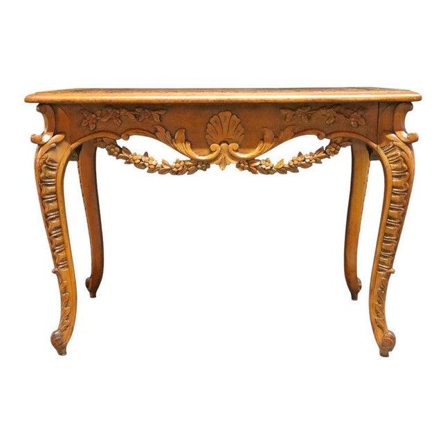 Floral & Scallop Carved Walnut & Burl Cabriole Legged Low Table C1930 For Sale - Image 4 of 11