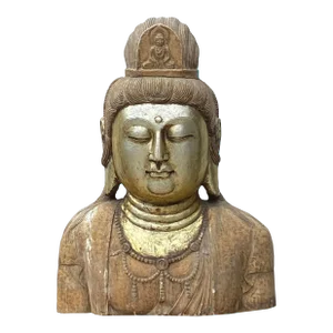 Vintage Oriental Stone Golden Face Kwan Yin Bodhisattva Bust Statue