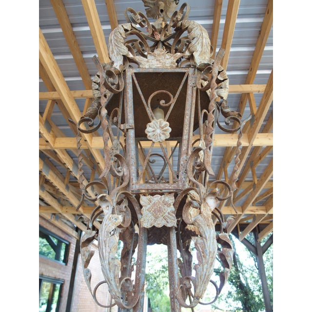 Metal Large Vintage French Wrought Iron and Tole Hanging Lantern, 20th C, H-57 Inches For Sale - Image 7 of 16