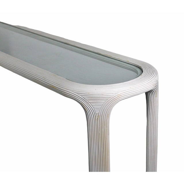 Wood Vintage Oval Pencil Reed White Console Sofa Table With Glass Top For Sale - Image 7 of 12