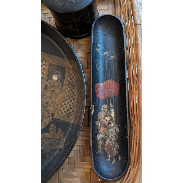 Japanese Antique Japanese Black Lacquer & Gilt Trays & Plates For Sale - Image 3 of 7
