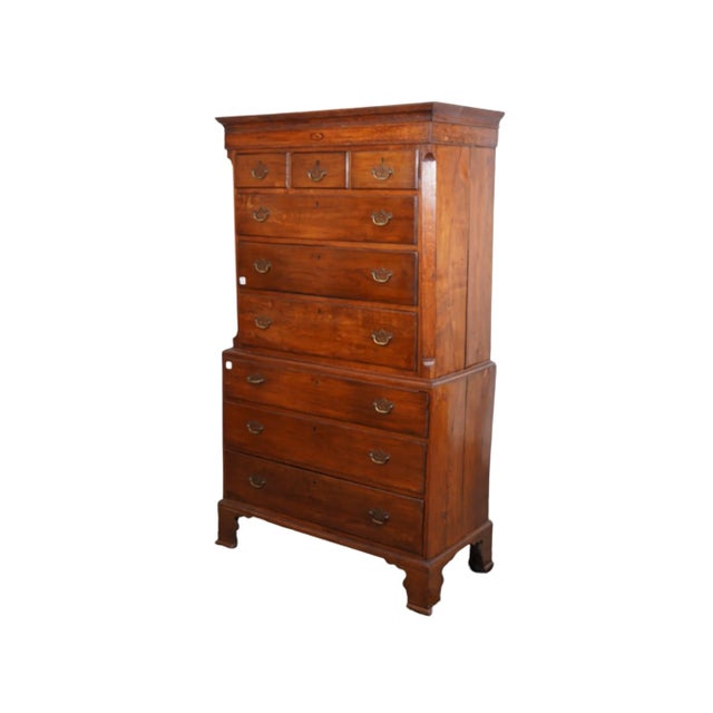 Wood 18th Century Period Oak English Chest on Chest Bracket Feet Shell Inlay For Sale - Image 7 of 10