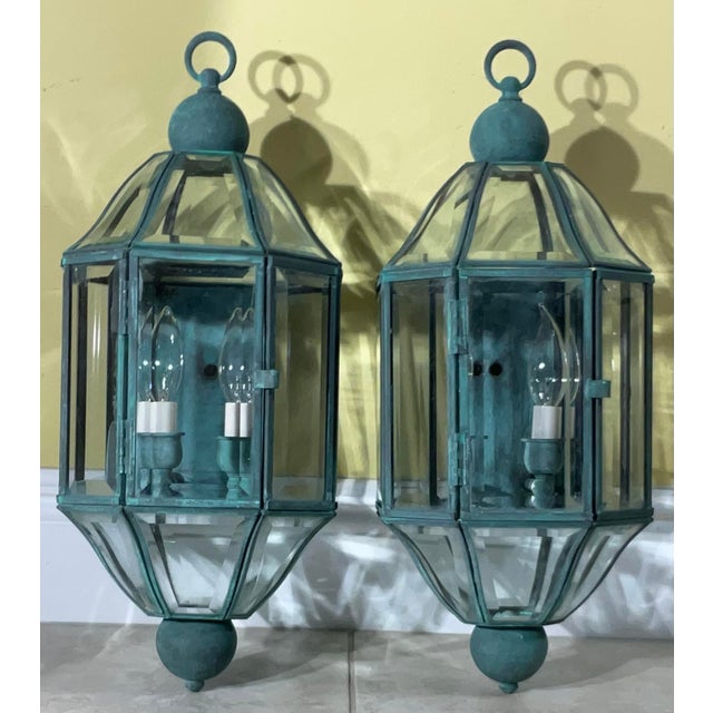 Pair of Vintage Solid Brass & Beveled Glass Wall Lantern - Sconces - Verdigris For Sale - Image 9 of 14