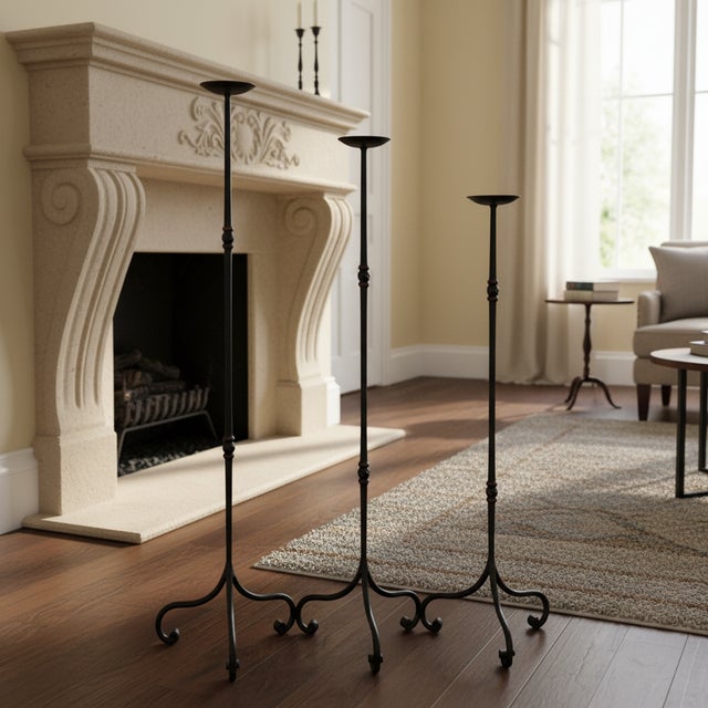 Hand Forged Iron Candelabra Set of 3 (90-110cm) Antique Copper Finish Slender Stem with French Scroll Base For Sale - Image 4 of 7