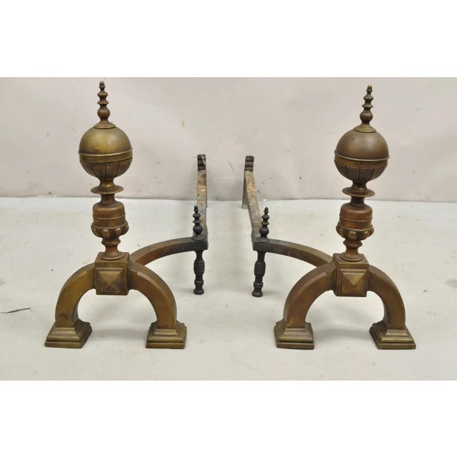 Antique English Federal Brass Cannonball Fireplace Andirons With Patina - Pair For Sale - Image 10 of 10