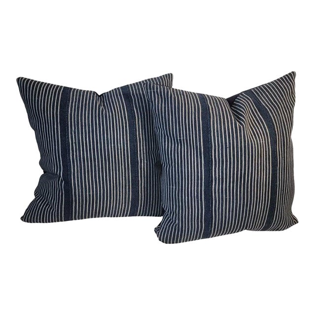 Blue and White Striped Linen Pillows For Sale