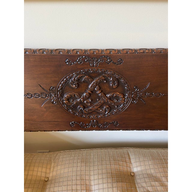 Wood Mid 20th Century Antique Castilian Style Spanish Wood Bench With Custom Thai Silk Pillow For Sale - Image 7 of 7