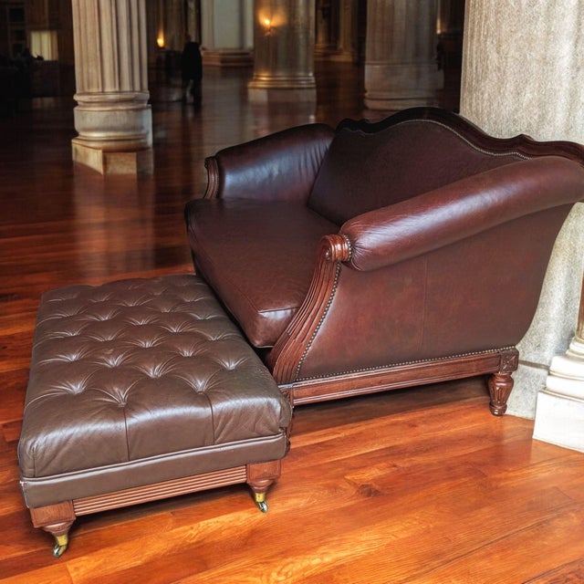 Vintage Ethan Allen English Chesterfield Leather ottoman, featuring: Material: Brown leather with diamond tufting. Base: A...