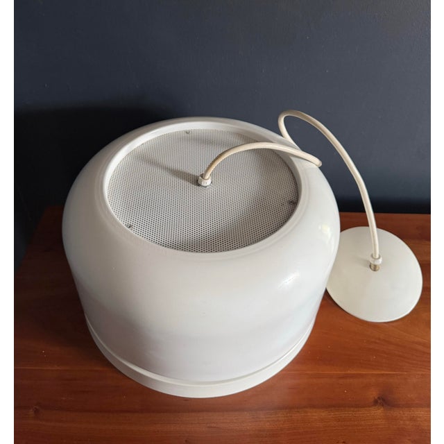 Vintage hanging white metal and glass pendant by Lightolier for a modern dining room or kitchen. 3 bulb hard wired fixture...